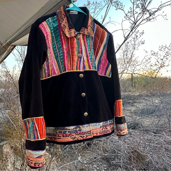 Coldwater Creek Jackets & Blazers - COLDWATER CREEK GYPSY COAT Jacket Size L Black VELVET‎ Bold Tapestry Art to Wear